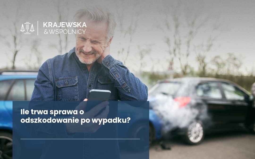 Man in a denim shirt checks his phone beside a car crash, with a blue overlay containing Polish text about compensation after an accident and a law firm logo in the corner.