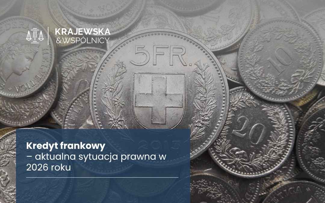 Background of Swiss franc coins with a blue overlay banner reading 'Kredyt frankowy – aktualna sytuacja prawna w 2026 roku' and the Krajewska & Wspólnicy logo, indicating an article cover.